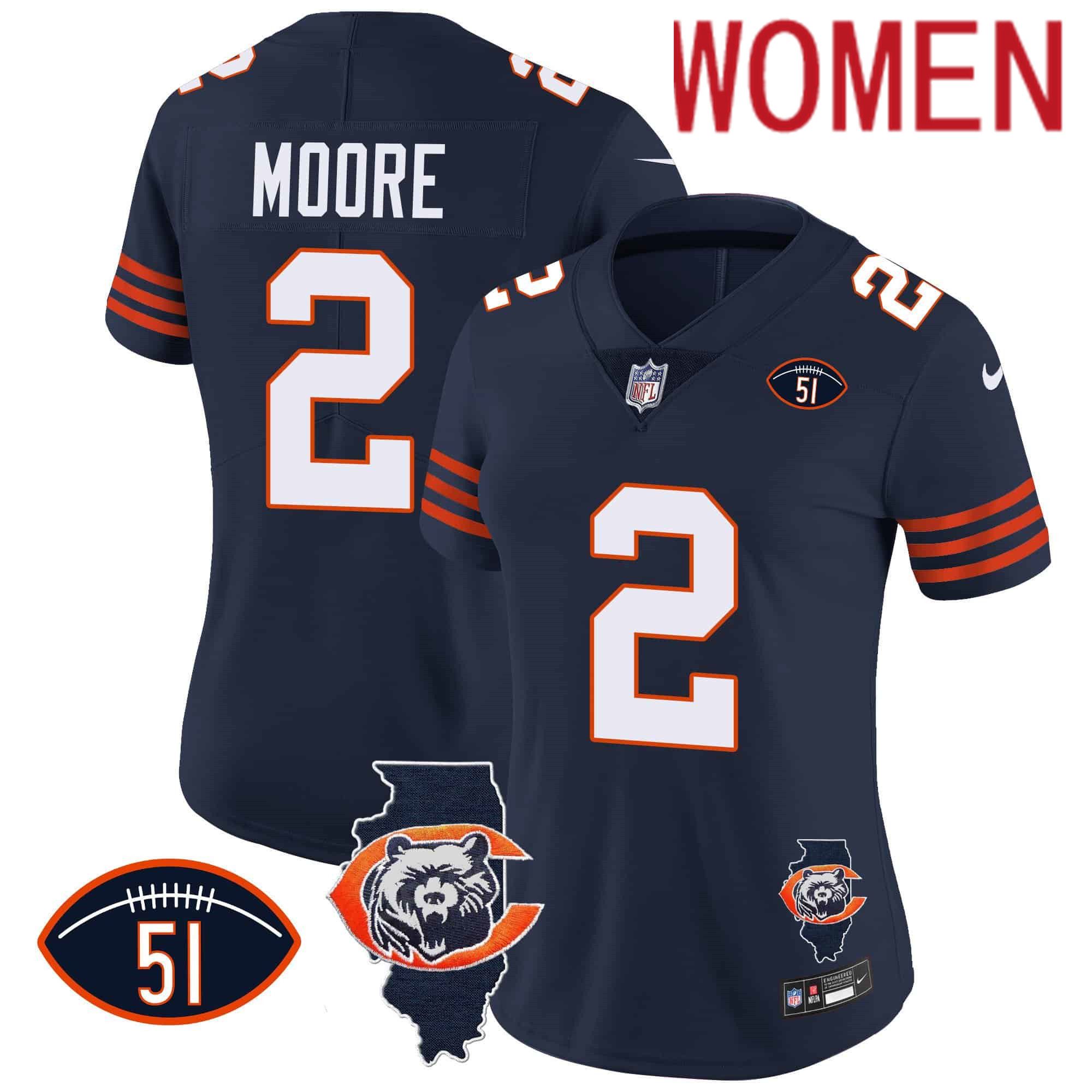 Women Chicago Bears #2 Moore Blue 2024 Nike Throwback Illinois Patch Vapor NFL Jersey style 1